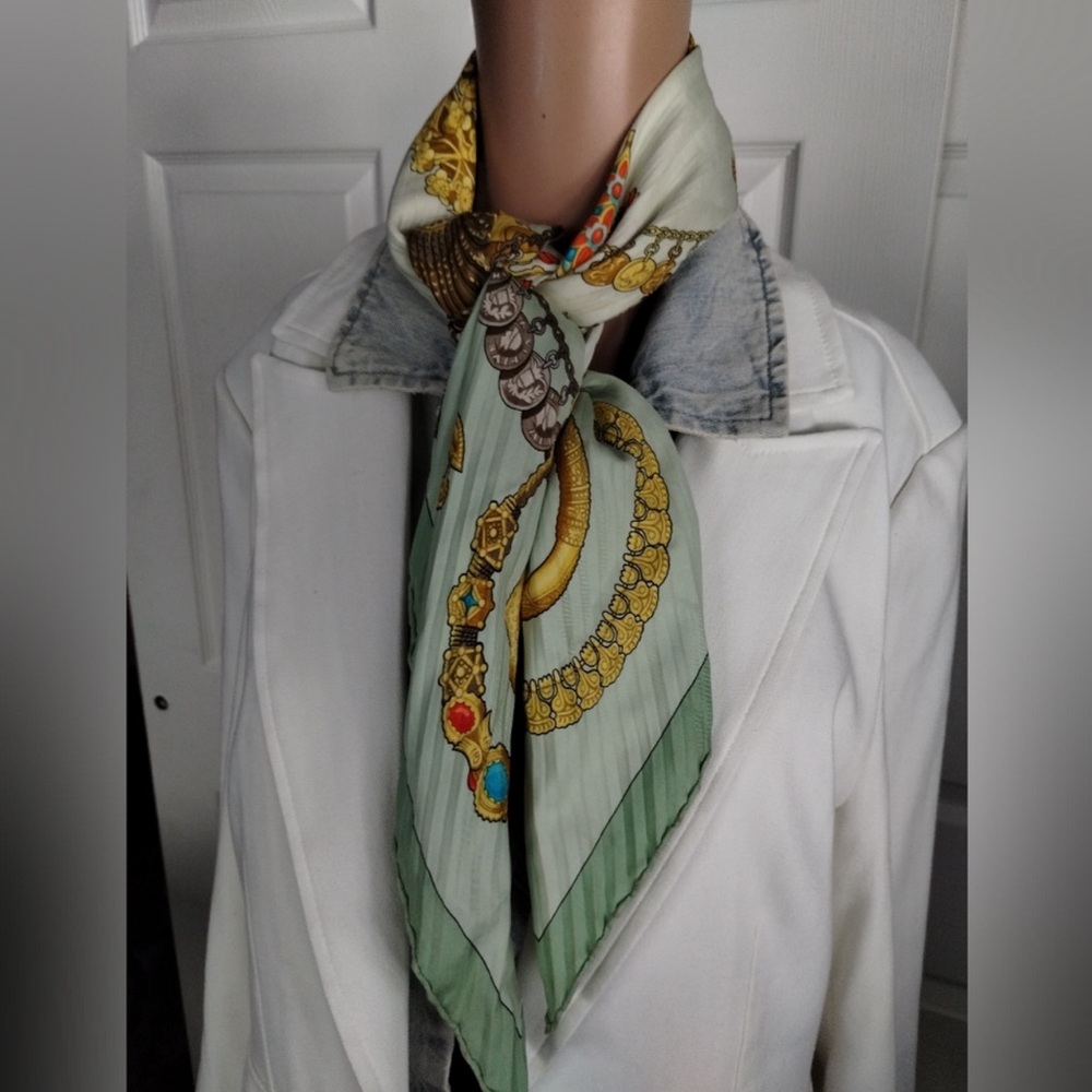 Hermes Kosmima Vintage Silk Scarf with Green and Gold Pattern